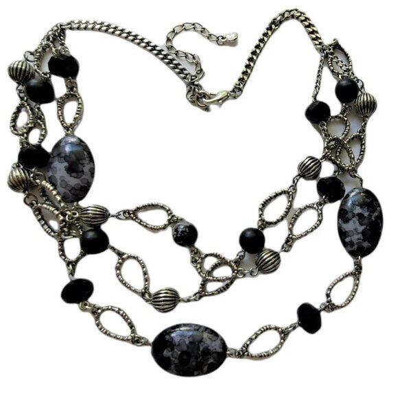 RMN Multi-Strand Necklace Black Gray Acrylic Beads Silver Tone 19-22" - Picture 1 of 4